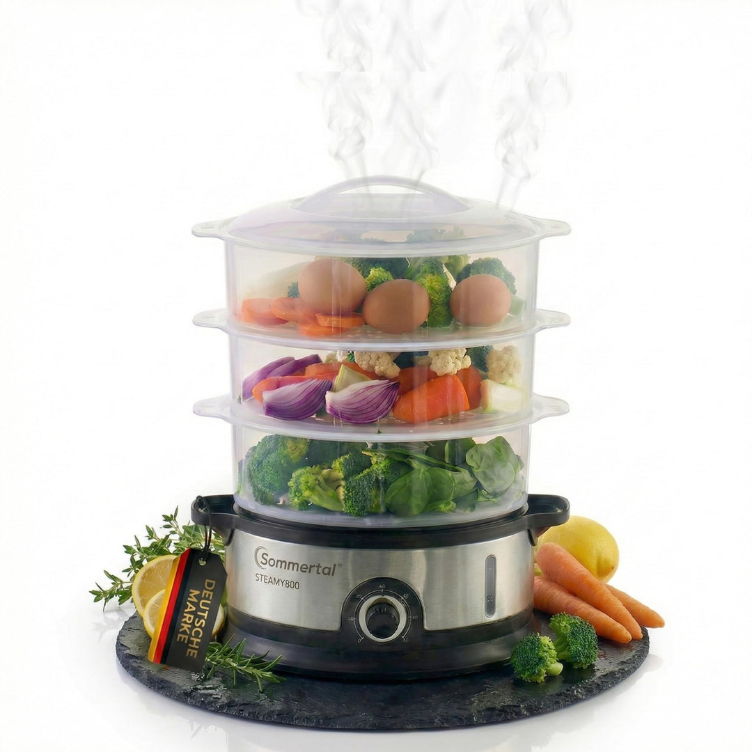 STEAMY 800 Dampfgarer elektrisch,16L XXL Dampftopf, 1200ml Wasserbehälter, 800W, BPA-frei, 3 Dampfga