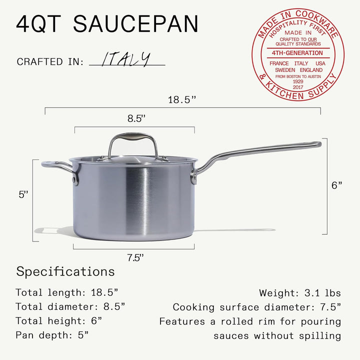 Made In Cookware – 3,79 l Edelstahltopf mit Deckel – 5-lagiger Sossentopf mit Edelstahlbeschichtung