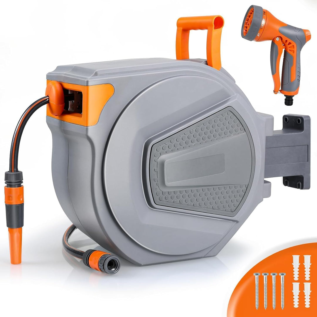 TLGREEN Schlauchtrommel Wasser 30m, Schlauchaufroller mit 9-Funktionen Handbrause und Gartenschlauch