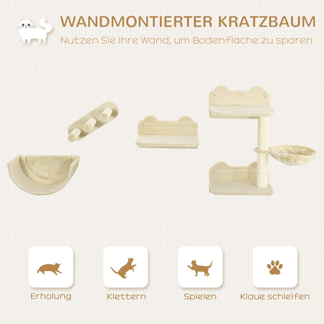 PawHut Kletterwand Katzen 4-teilig Katzen Kletterwand Set mit Kaztentreppe, Katzenbrücke, Hängematte