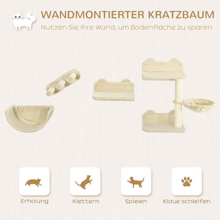 PawHut Kletterwand Katzen 4-teilig Katzen Kletterwand Set mit Kaztentreppe, Katzenbrücke, Hängematte