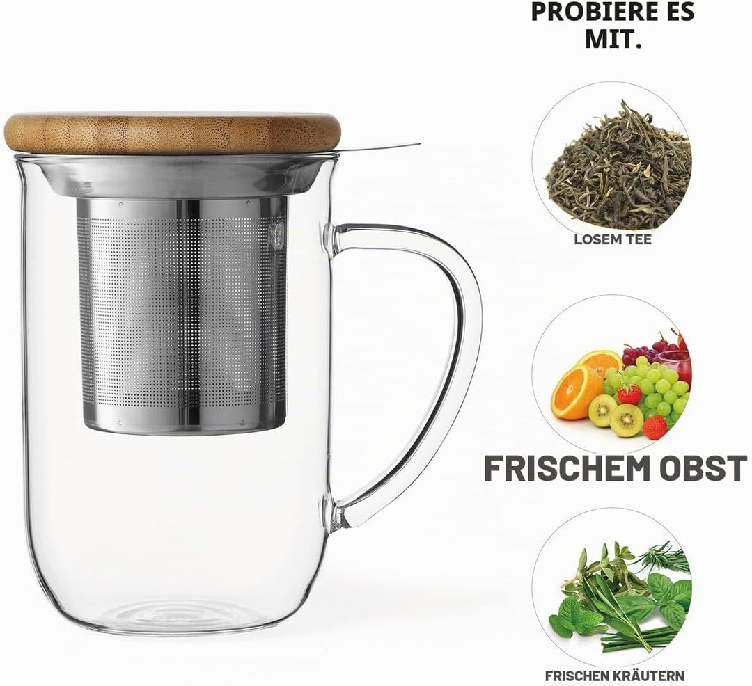 VIVA Minima Balance Teeglas mit Sieb &amp; Bambusdeckel, 500 ml | Doppelwandig und hitzebestaendig, hael