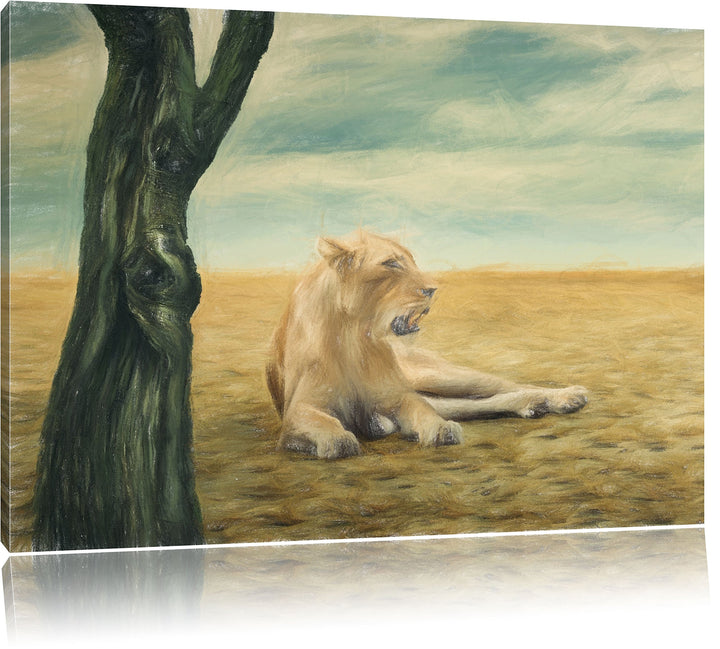 Pixxprint Löwin Ruhe Savanne als Leinwandbild/Grösse: 100x70 cm/Wandbild/Kunstdruck/fertig bespannt,