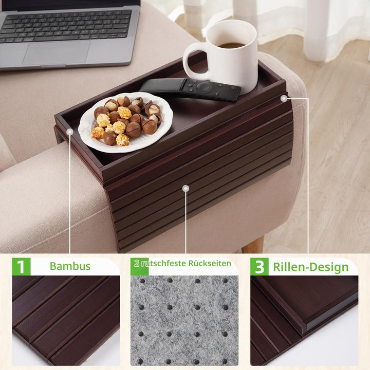 GEHE Natural Bamboo Sofa Arm Tray, Sofa Tray Table for Couch, Sofa Armrest Tray Table Anti-Slip Sofa