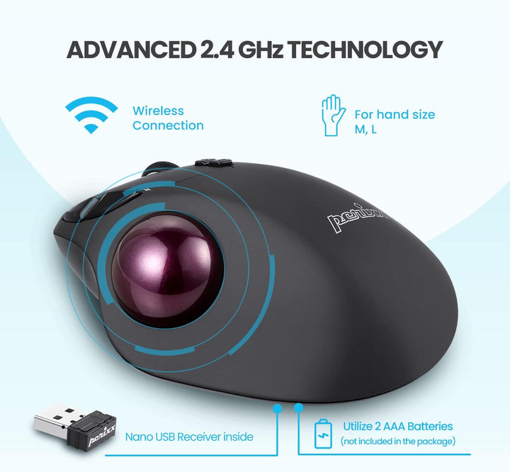 Perixx PERIMICE-717 Kabellose Programmierbare Trackball Maus - 34mm Trackball - 400/1000 DPI - 7 Tas