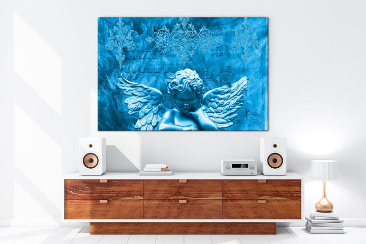 deyoli goldene Engelsstatur Format 80x60 Effekt: Monocrome Blau als Leinwandbild, Motiv fertig gerah