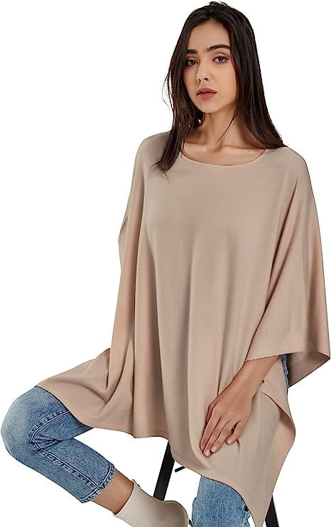 PULI Damen Pullover Poncho Elegant Viskose Strick Locker sitzend Poncho Schal Einheitsgrösse Beige,