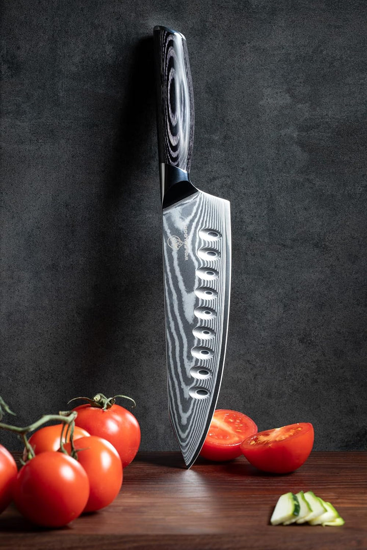 Wolfblood PRO Damastmesser Damast Küchenmesser XL(33cm) TÜV geprüfter 62 HRC Damaststahl aus 67 Lage
