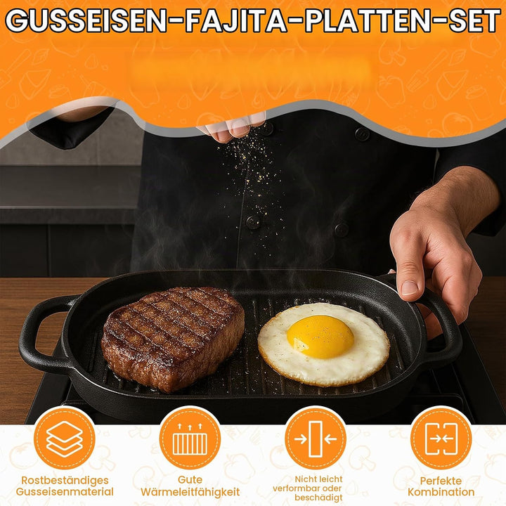 2er-Set Gusseisen Servierpfannen mit Holzuntersetzer &amp; abnehmbarem Griff – Ovaler Sizzling Steak-Pla