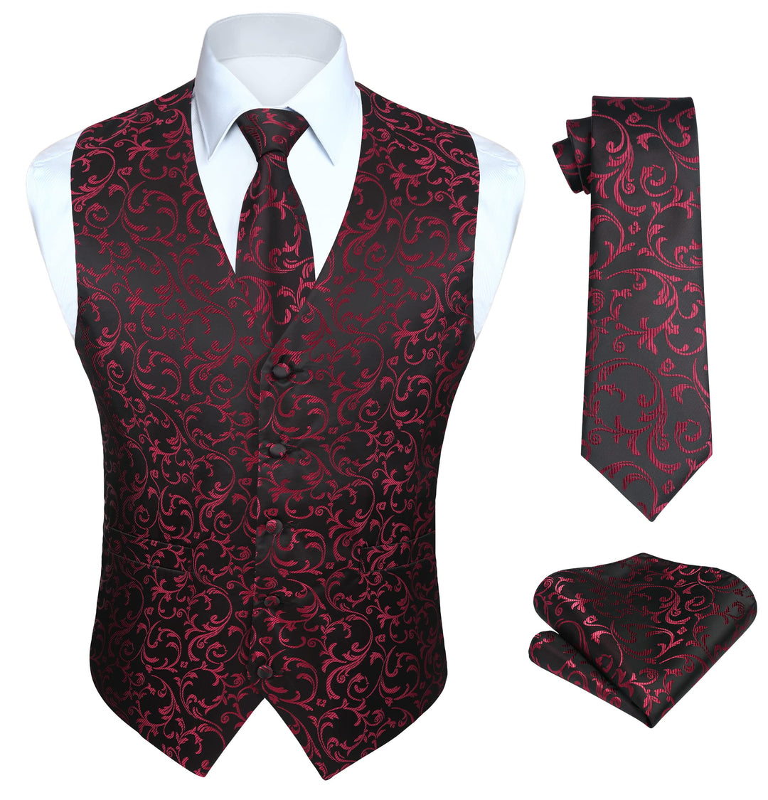 HISDERN Herren FLoral Hochzeit Weste Krawatte Einstecktuch Taschentuch Jacquard Weste Anzug Set M Sc