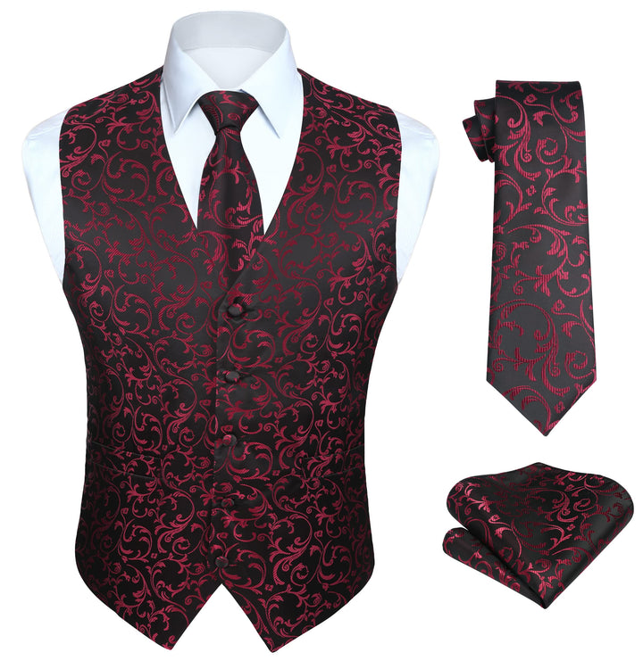 HISDERN Herren FLoral Hochzeit Weste Krawatte Einstecktuch Taschentuch Jacquard Weste Anzug Set M Sc