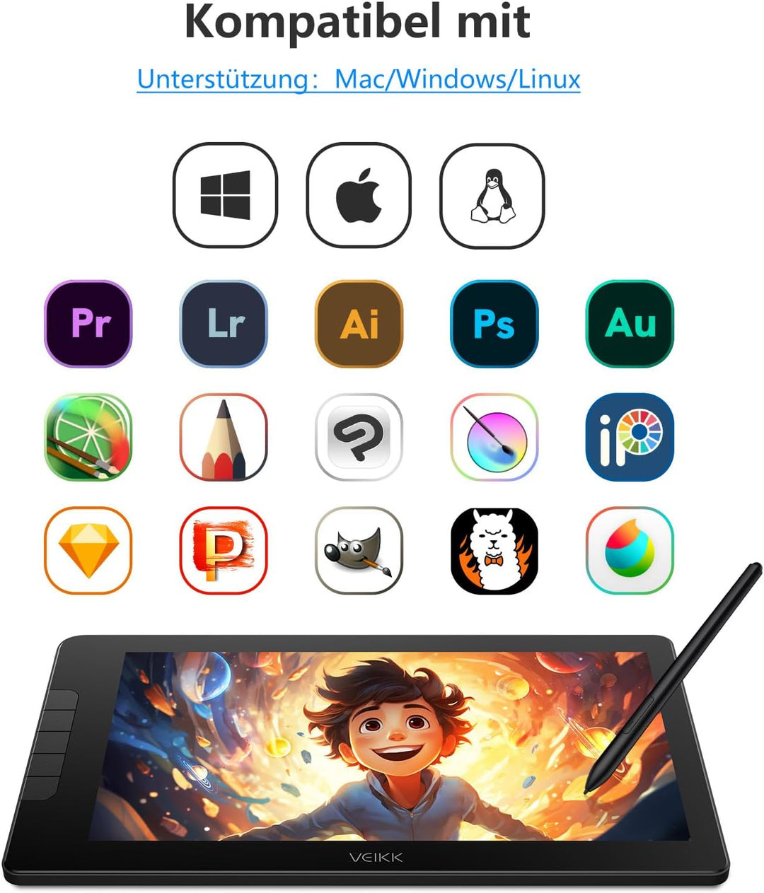 Grafiktablett mit Display mit 16384 Ebenen VEIKK Studio 16, 15,6 Zoll Drawing Tablet mit Display hat