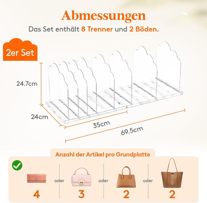 Lifewit 2 Stück Taschen Organizer Schrank mit 8 Trenner, Kunstoff Handtaschen Aufbewahrung, Verstell