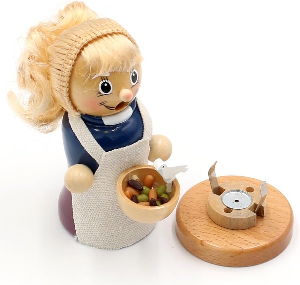 Holz Räuchermann, Räucherfigur, Rauchfigur, Räuchermännchen als Märchenfigur Mädchen mit Linsen und