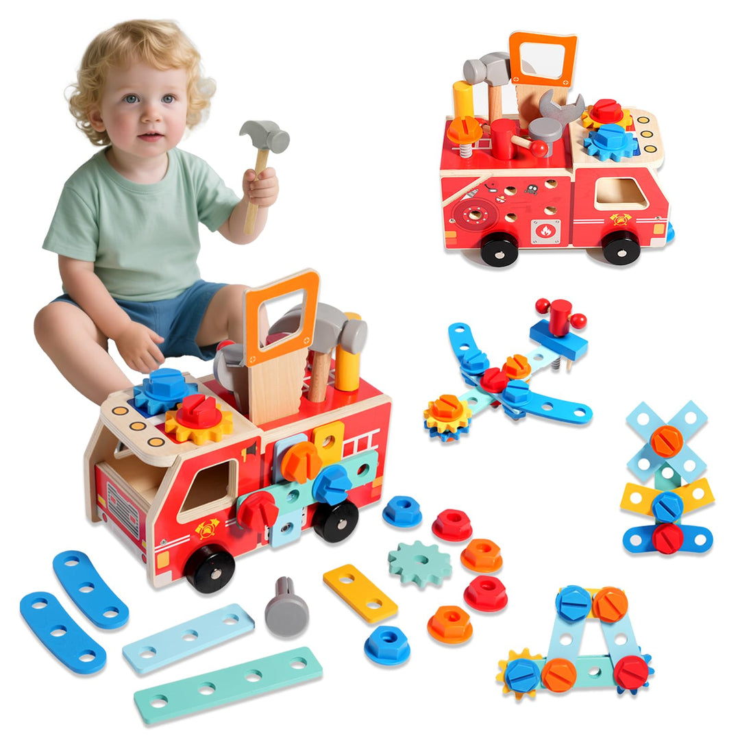 Holz werkzeugkoffer Kinder Autostil 32 Stück,Montessori Spielzeug ab 2 3 4 5 Jahre,Hochwertige Mater