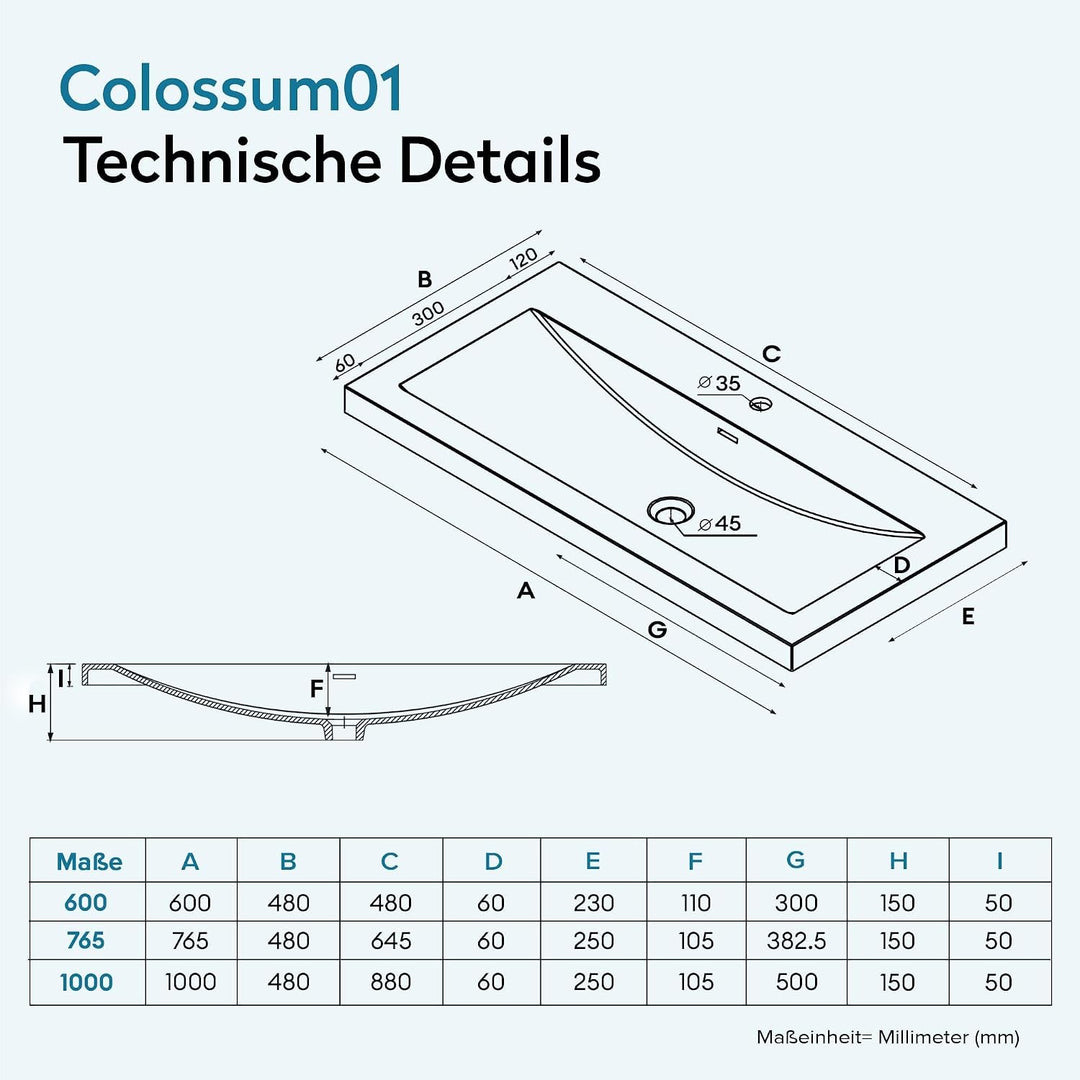 Design Waschbecken Colossum01, Weiss aus Gussmarmor, Waschtisch, Waschplatz, Einbauwaschbecken, BTH: