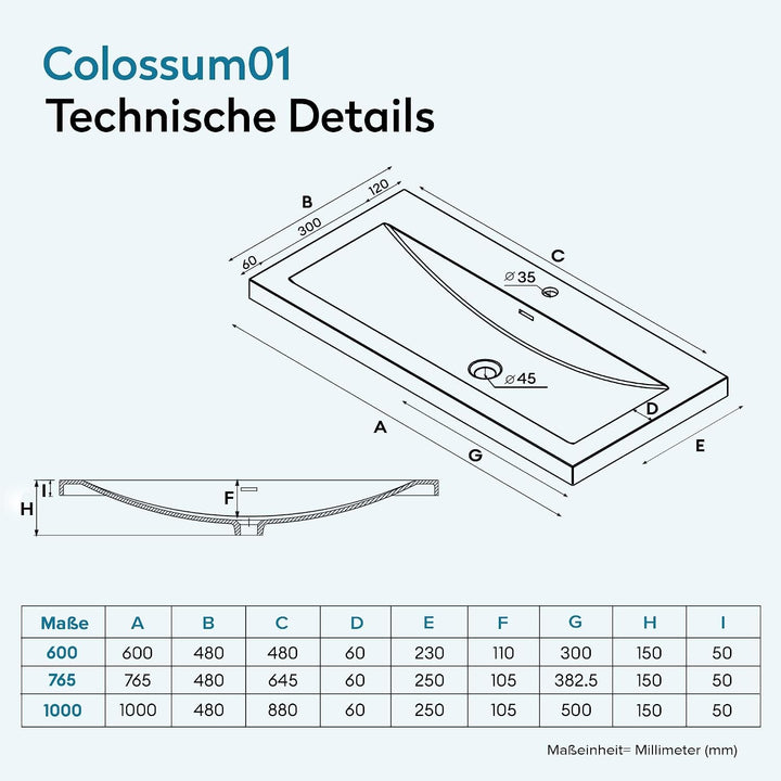 Design Waschbecken Colossum01, Weiss aus Gussmarmor, Waschtisch, Waschplatz, Einbauwaschbecken, BTH: