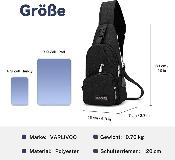 VARLIVOO Herren Sling Bag mit USB Port Crossbody Bag Diebstahlsicherung Schultertaschen Reise Wander