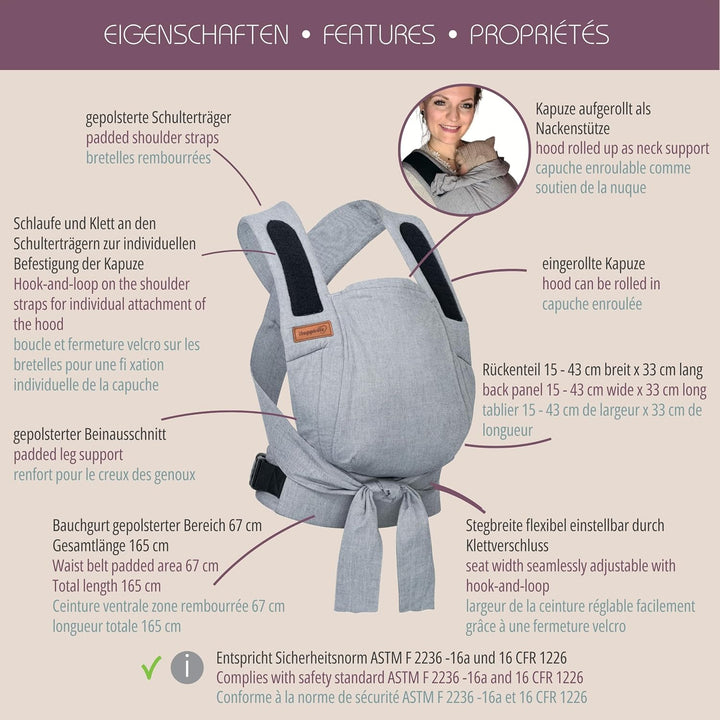 Hoppediz Bondolino b.pure Babytrage ab Geburt für Neugeborene, Burgundy | Ergonomische Halbschnallen