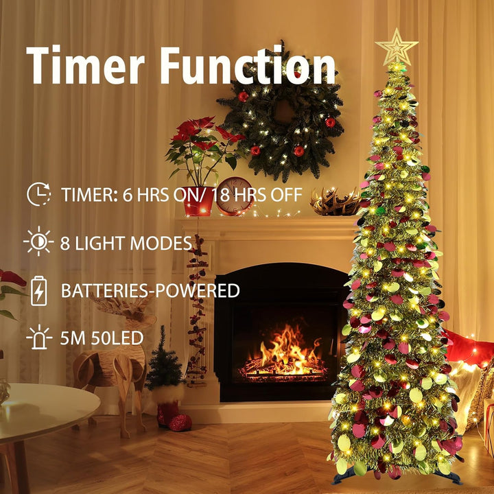 HMASYO 150 cm Pop-Up Lametta Weihnachtsbaum mit 50 Timer-Lichtern, Buntes Gold Zusammenklappbarer Kü