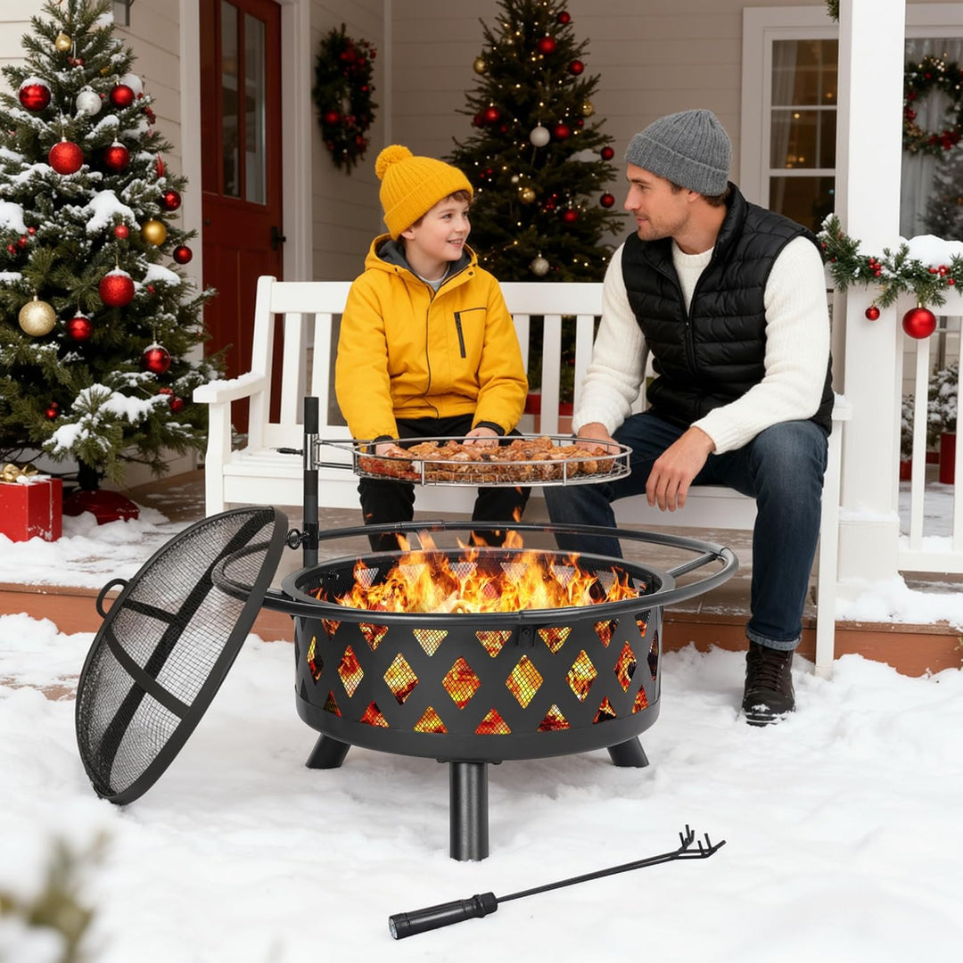 Feuerschale mit Drehbarem Grillrost, Feuerschale Gross, Feuerschalen für den Garten mit Funkenschutz