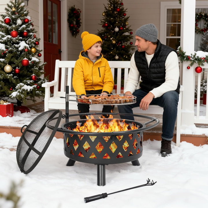 Feuerschale mit Drehbarem Grillrost, Feuerschale Gross, Feuerschalen für den Garten mit Funkenschutz