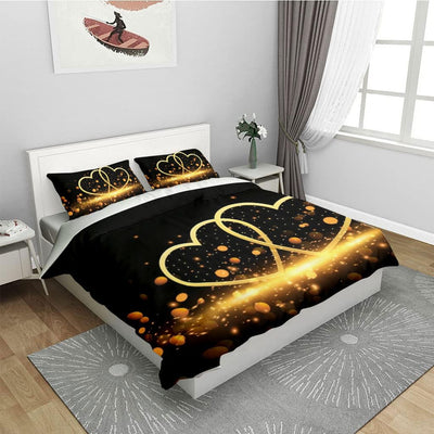 Freyamy 3D Herz Bettwäsche 220x240cm 3teilig Schwarz Gold Herzmotiv Liebe Luxus Bettwaren-Sets Mikro