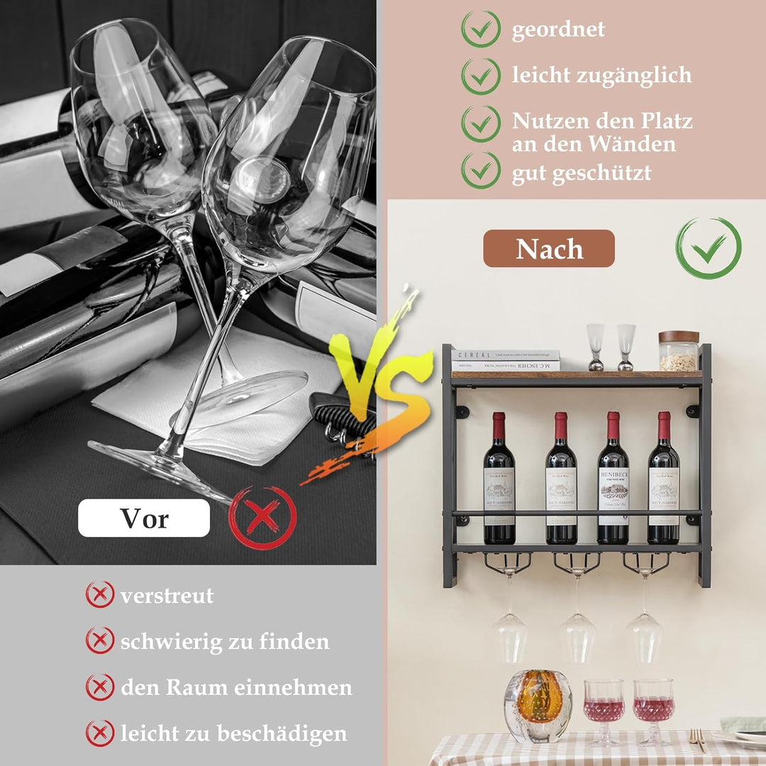 COSTWAY 2 Ebenen Weinregal Wand, Flaschenregal Holz mit Metallrahmen, mit 3 Reihen Weingläserhalter,