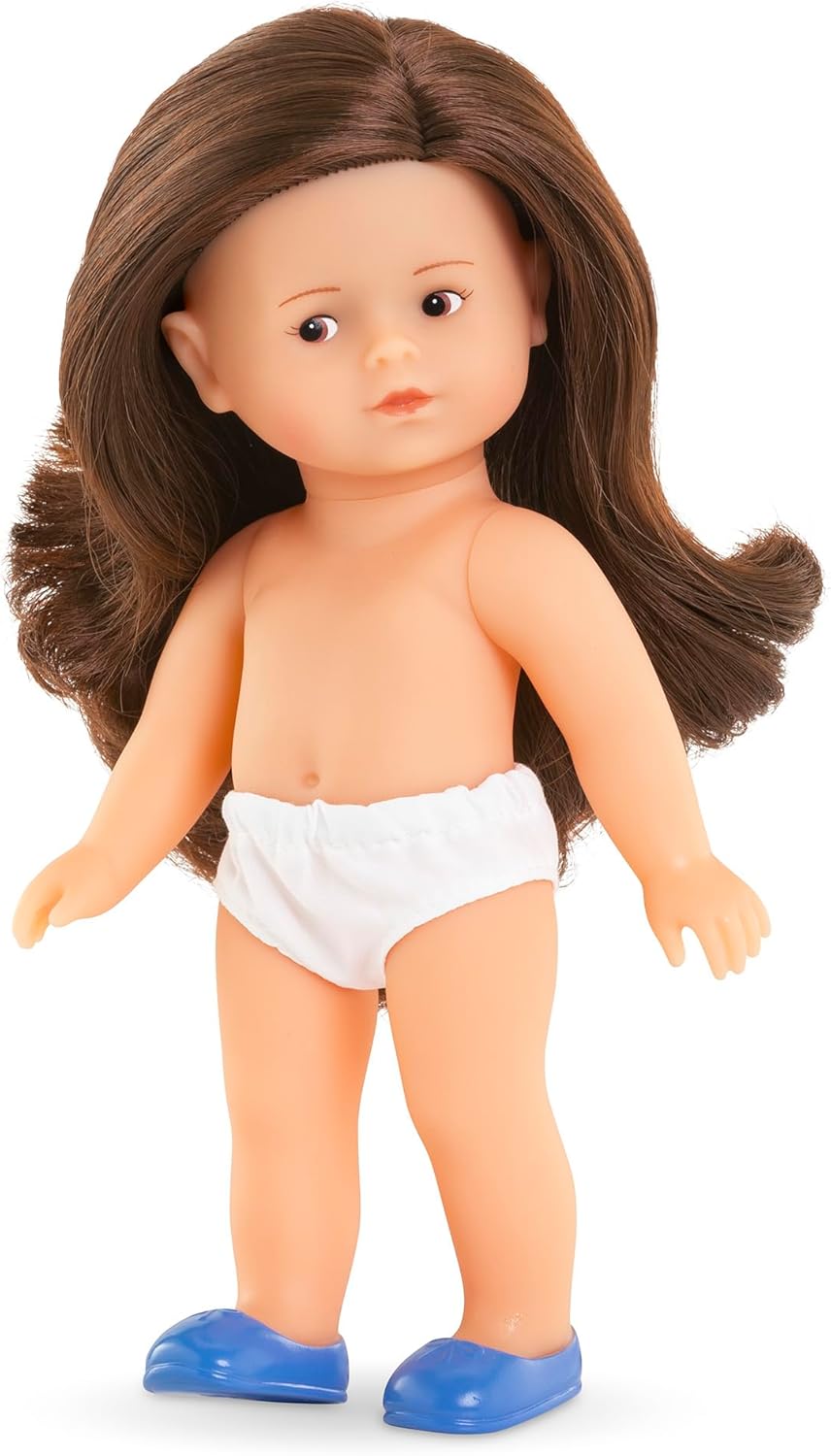 Les Trendies Mini Corolline Romy brünett, Vollvinylpuppe mit langem Haar und Karokleid in Geschenkbo
