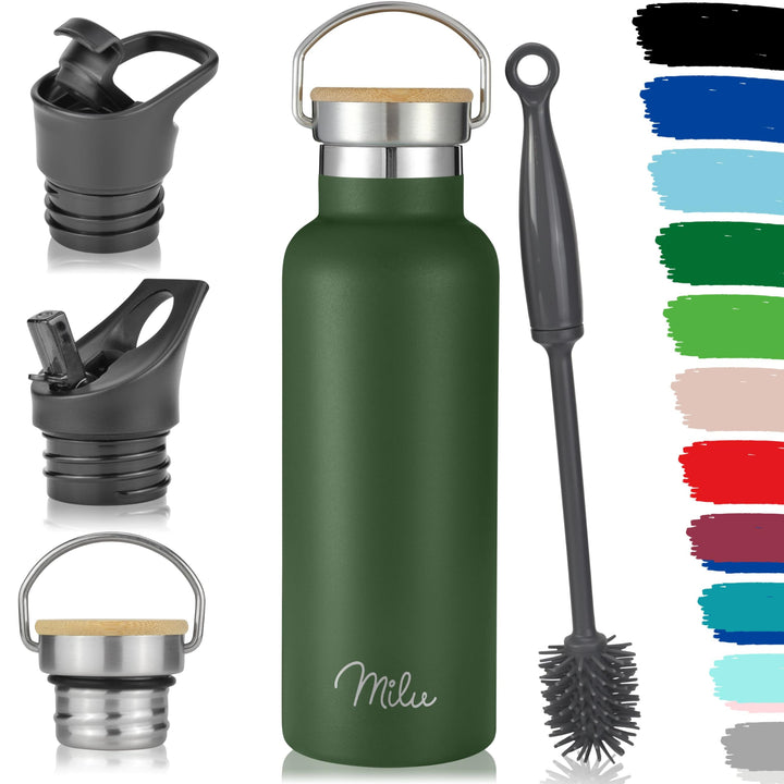 Milu Edelstahl Trinkflasche 350ml 500ml 750ml 1000ml (+3 Deckel) - Thermosflasche mit Strohhalm, Iso