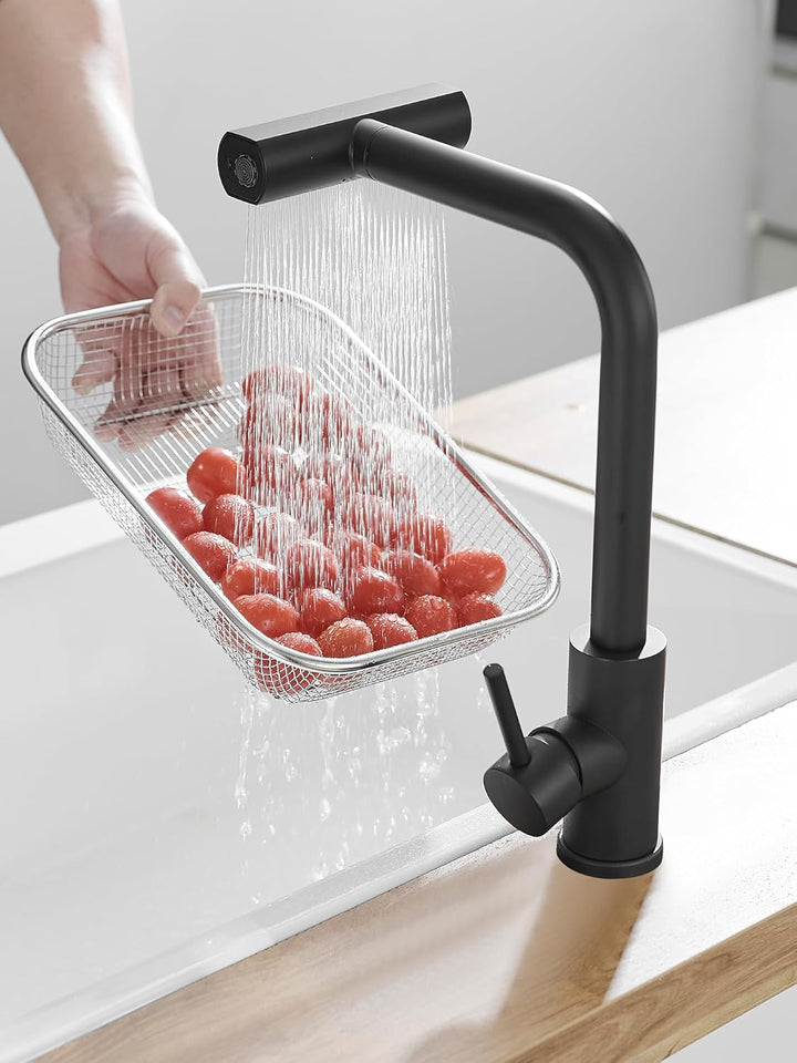 Schwarz Waterfall Wasserhahn Küche, Hochdruck Küchenarmatur Ausziehbar mit Brause, 360° Drehbar Misc