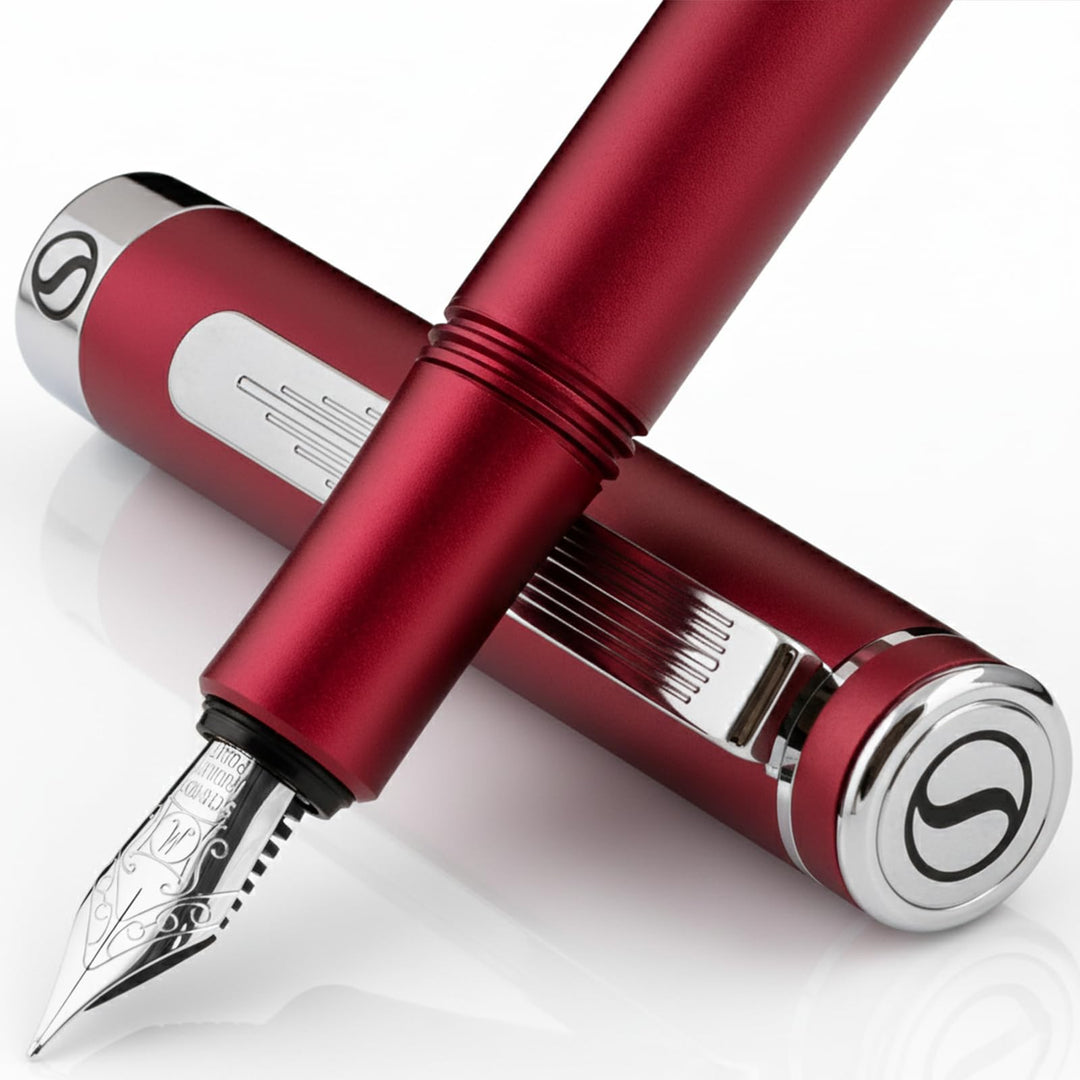 Scriveiner Luxus EDC Füllfederhalter (Mittel), Mattrot Taschenfüller, verchromt, deutsche Schmidt Mi