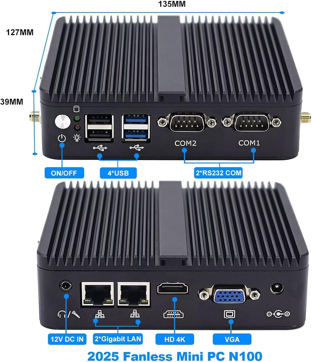 WEIDIAN Industrie PC Lüfterloser Mini PC N100, 8GB RAM 128GB SSD, 2RS232 COM, 2Gigabit LAN, HD+VGA,