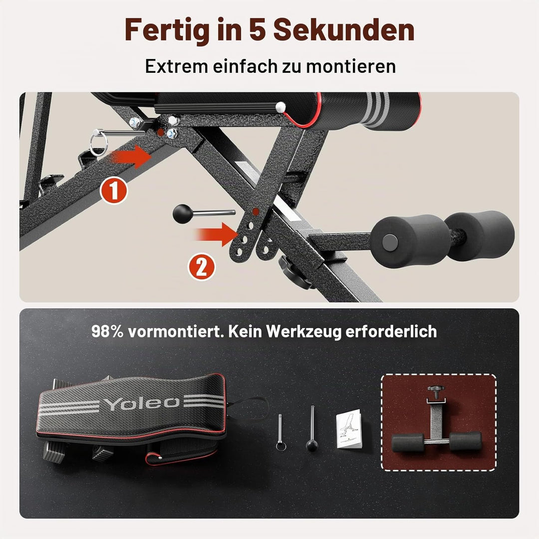 YOLEO Klappbare Hantelbank, ENISO-zertifiziert mit 375KG/400KG Tragfähigkeit, 98% Vormontiert, klapp