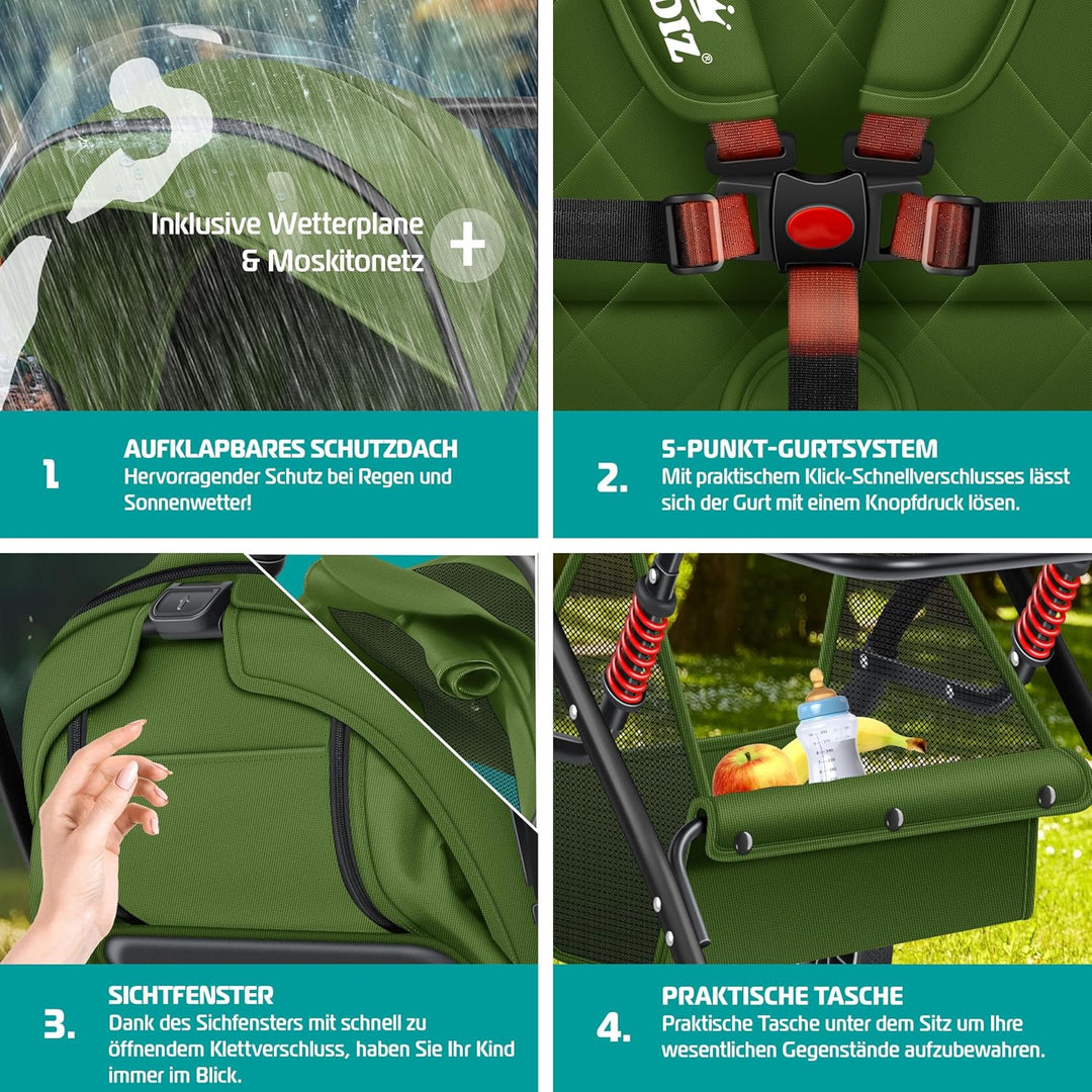 KIDIZ® Kinderwagen Kinderbuggy klappbar Liegebuggy Sportwagen Faltbar 360° Räder 5-Punkt Gurt Inkl.