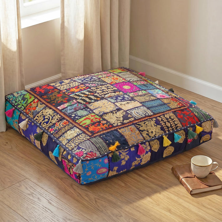 THE ART BOX 88 x 88 x 12 cm, Vintage-Patchwork, grosses Outdoor-Kissen, grosses Hundebett, Gartendek