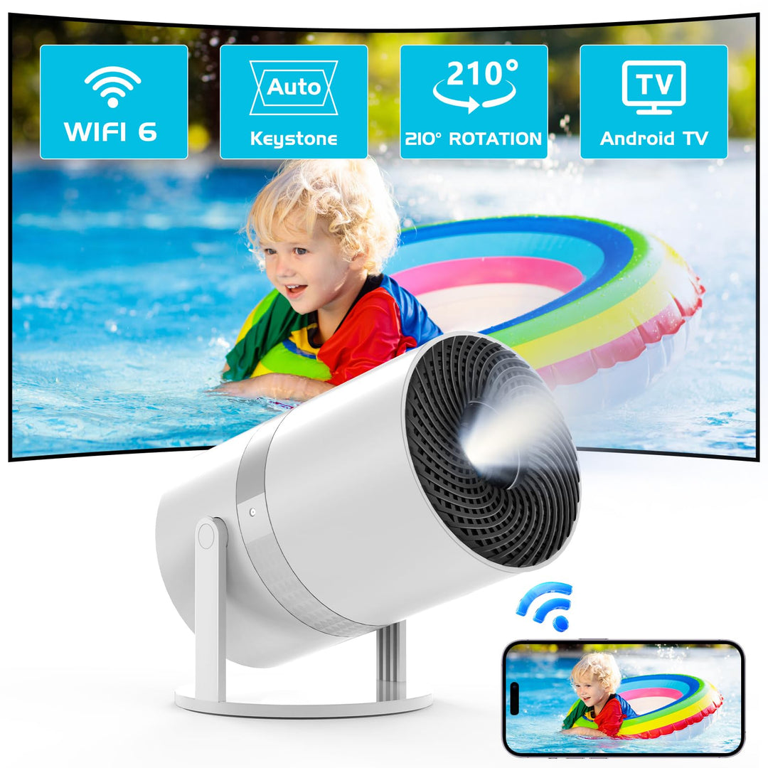 Mini Beamer Auto Trapezkorrektur mit Android OS, 210°Drehbarer, Smart Beamer WiFi6 Bluetooth mit 50%