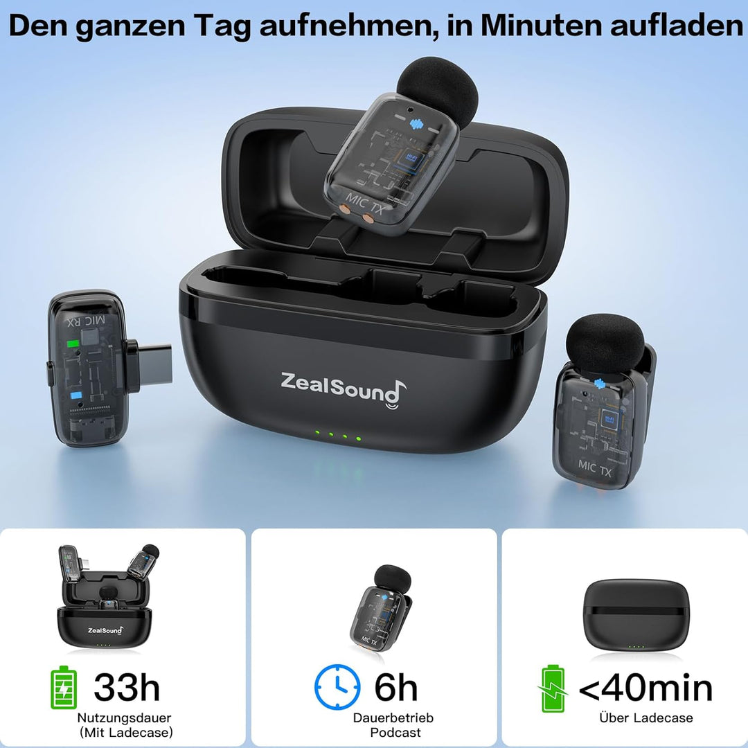ZealSound Mini Kabellos Mikrofon für iPhone Handy Android iPad, mit USB-C/Lightning-Stecker,Stummsch