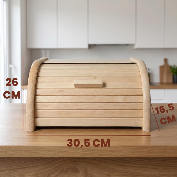 Brotkasten Holz 30,5 x 26 x 15,5 cm - Brotbox aus Buchenholz mit grosser Öffnung und Rolltop, die di