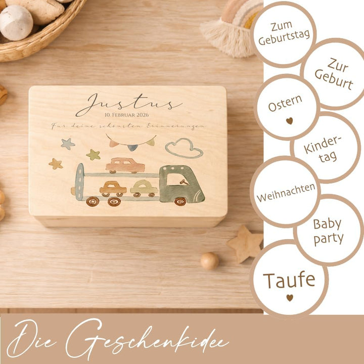 Manufaktur Liebevoll Personalisierte Holzkiste mit Name – Erinnerungskiste Junge mit Auto Motiv – Ba