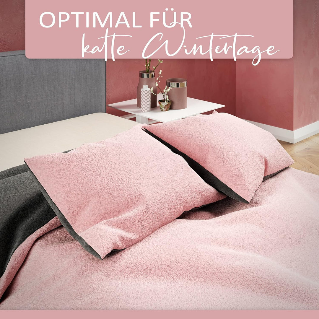 Leonado Vicenti Winter Plüsch Bettwäsche Rosa Grau 135x200 Uni Einfarbig Premium Cashmere Touch Cora