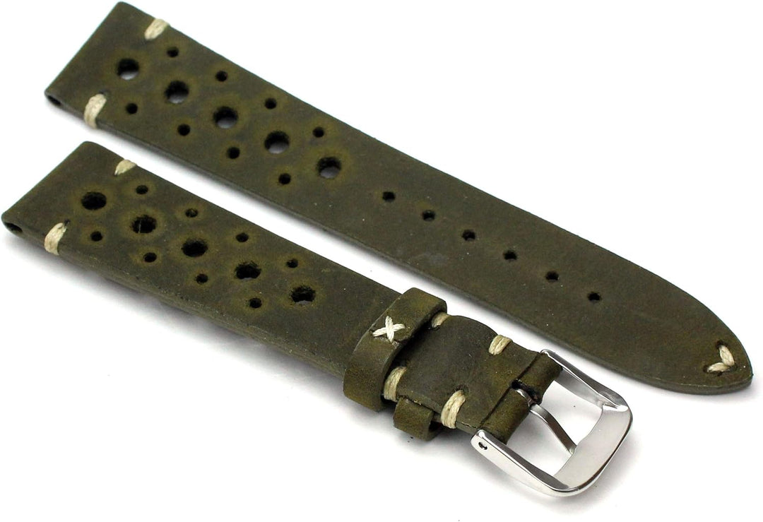 RIOS1931 18mm Rallye Vintage Rindsleder Uhrenarmband handgemacht in Deutschland Moosgrün