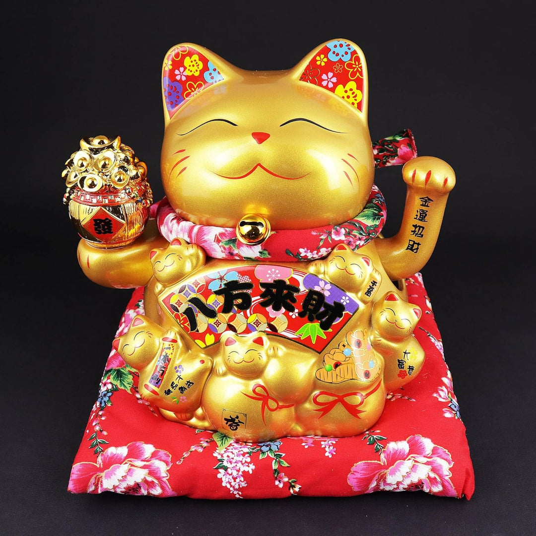 Freak Scene Glückskatze Maneki-Neko Winkekatze Porzellan 21cm Gold winkende Katze Lucky cat