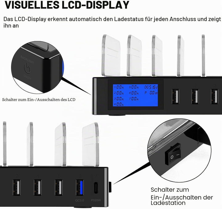 ideallife Ladestation für mehrere Geräte für 7 Anschlüsse, schnelles USB-Ladegerät mit Typ C PD20W Q