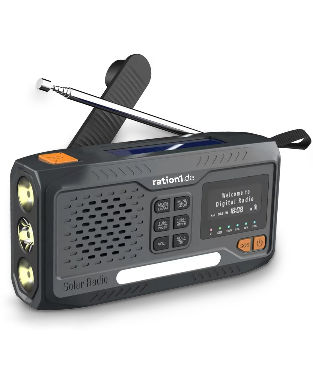 ration1 Kurbelradio DAB+, tragbares Solar Radio, Outdoor Radio, Notfallradio mit Handkurbel, Power B