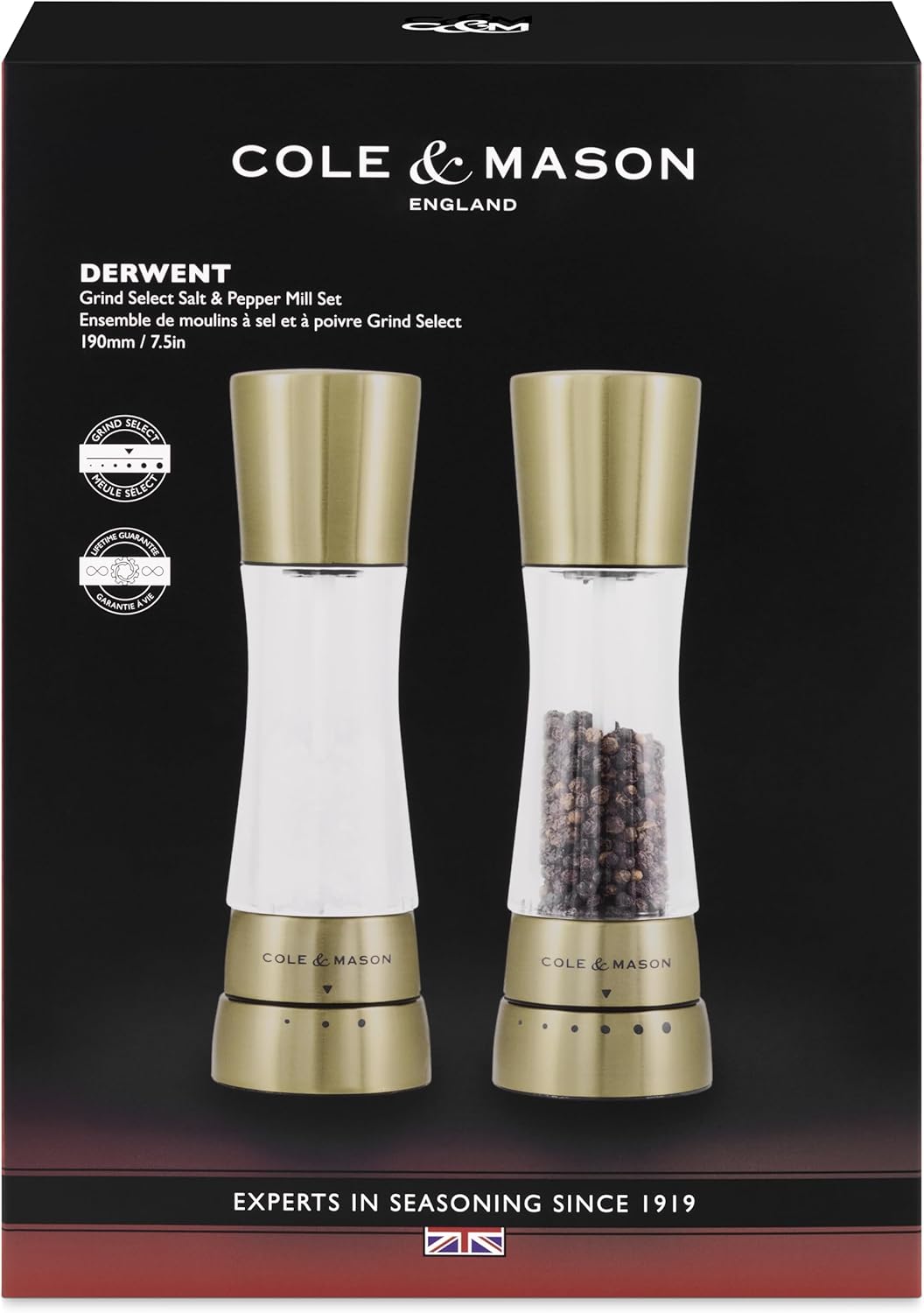 Cole & Mason H332017 Derwent Gold Salz und Pfeffer Mühle, 2er Set Manuell, Edelstahl/Acryl, 190mm,Pr