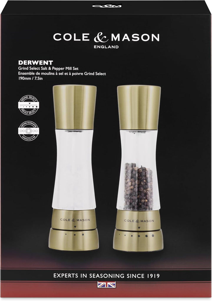 Cole & Mason H332017 Derwent Gold Salz und Pfeffer Mühle, 2er Set Manuell, Edelstahl/Acryl, 190mm,Pr
