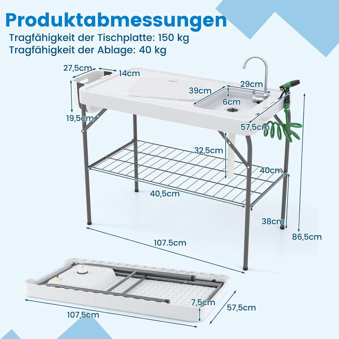 COSTWAY Klappbarer Fischreinigungstisch, Filetiertisch mit Spüle, Gitterablage, Wasserhahn, Sprühdüs
