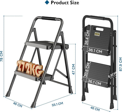 BONTEC Trittleiter 2 Stufen Klappbar, 272kg-600lbs Kapazität mit Breiten Anti-Rutsch-Pedalen, Faltba