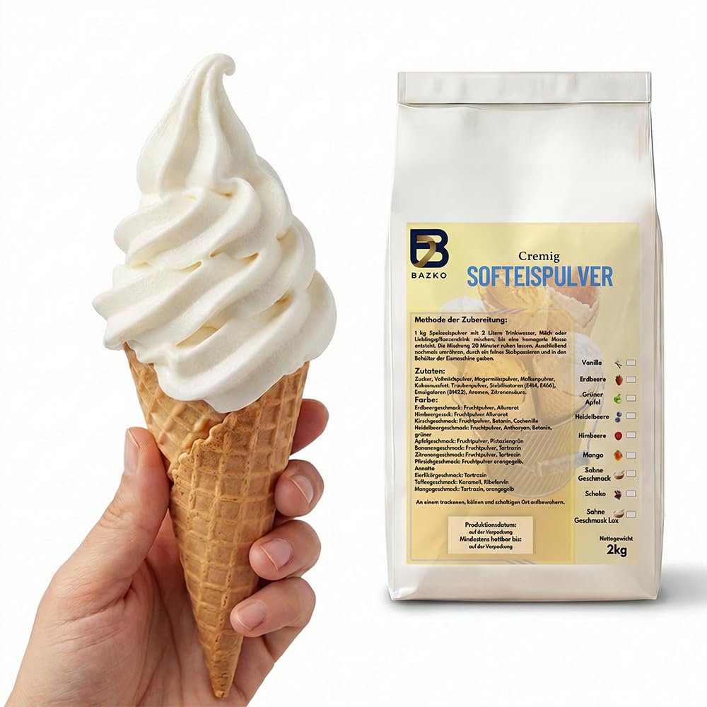 Bazko Sahne Geschmack Eispulver für Eismaschine | Softeispulver Speiseeispulver 2 kg für 6 kg Eis |